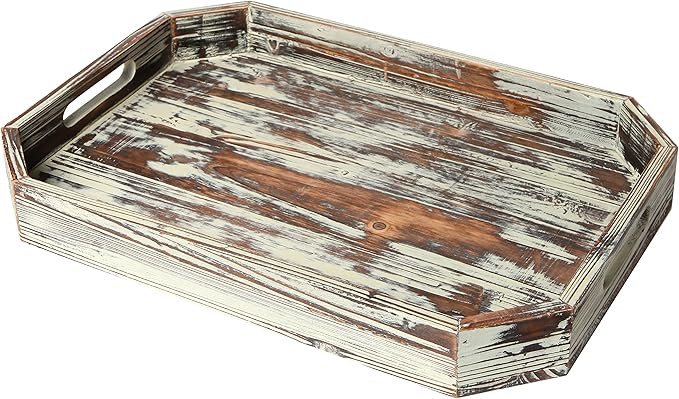 MyGift Rustic Torched Wood Serving Breakfast Tray, Ottoman Coffee Table Tray with Cut-out Handles... | Amazon (US)