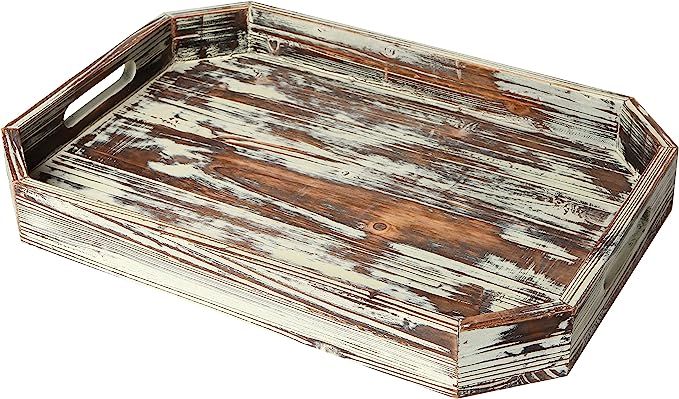 MyGift Rustic Torched Wood Serving Breakfast Tray, Ottoman Coffee Table Tray with Cut-out Handles... | Amazon (US)
