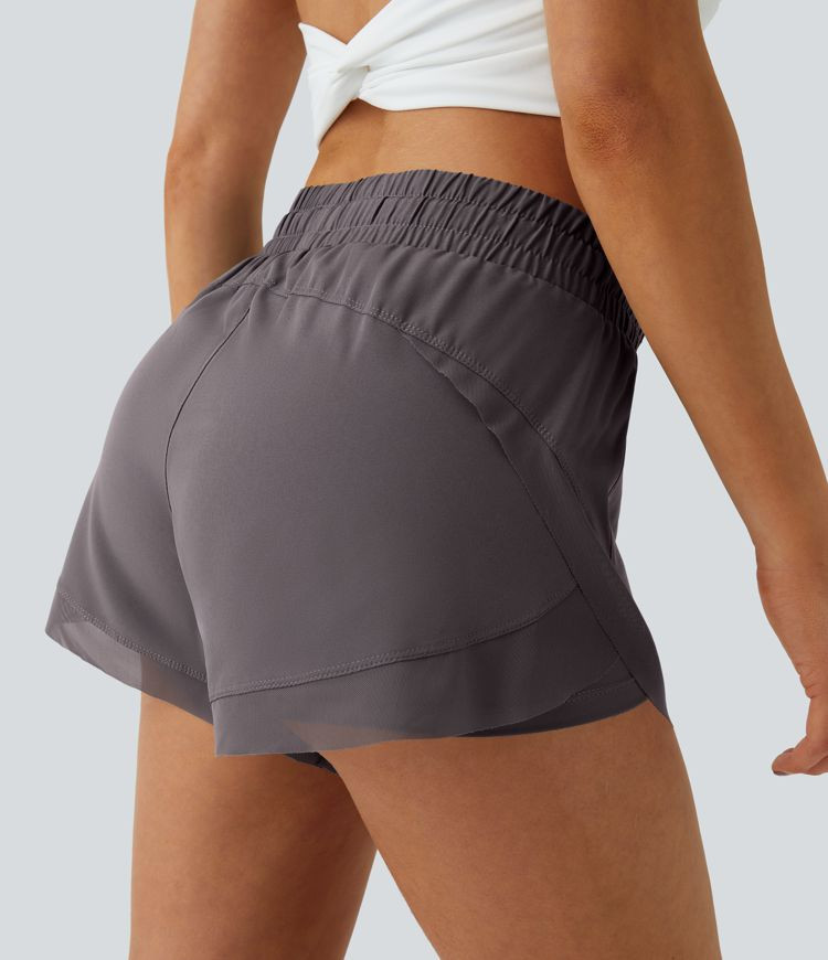 Mid Rise Drawstring Contrast Mesh 2-in-1 Flowy Running Shorts 3'' | HALARA