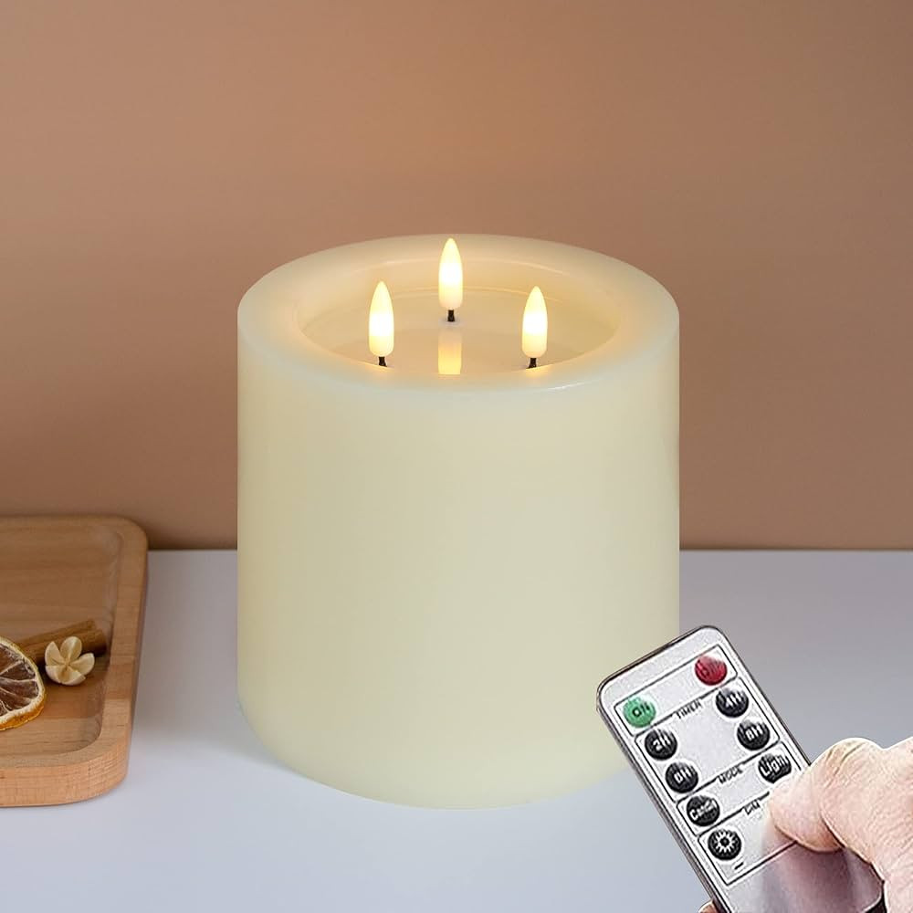 3-Wick 6”x6” Large Flameless Pillar Candles with Remote Control and Timer Function,Ivory Batt... | Amazon (US)