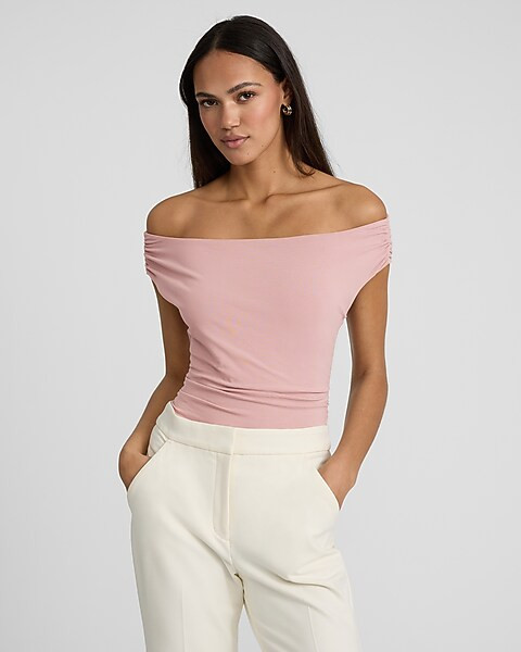 Body Contour Stretch Cotton Off The Shoulder Ruched Bodysuit | Express