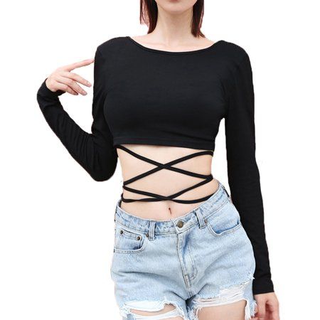 Women Sexy Long Sleeve Solid Crop Top Criss Cross Bandage Backless Crop Tops T-Shirts | Walmart (US)