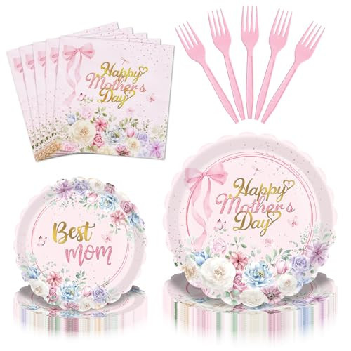 Gistome 96 Pieces Mother’s Day Floral Tableware Set – Pink Scalloped Disposable Plates, Napkins and Forks for Mother’s Day Party, Brunch, Tea Party, and Spring Celebrations – Serves 24 Guests | Amazon (US)