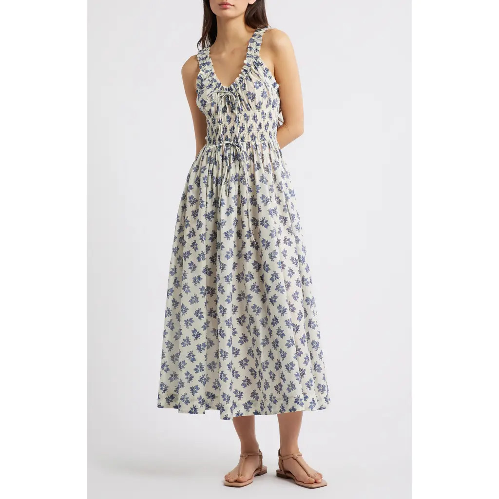 DÔEN Emmaretta Floral Shirred Organic Cotton Voile Dress in Crme Pomegrante Bloom at Nordstrom, Size Medium | Nordstrom
