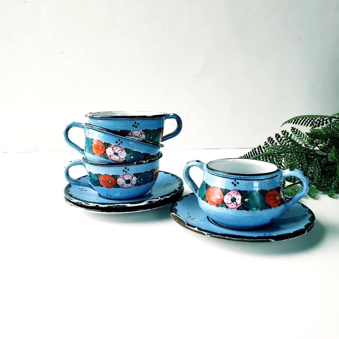 Vintage Child's Enamel Graniteware Tea Cup and Saucer Set/ Miniature Tea Set/ Chippy Paint, Shabb... | Etsy (US)