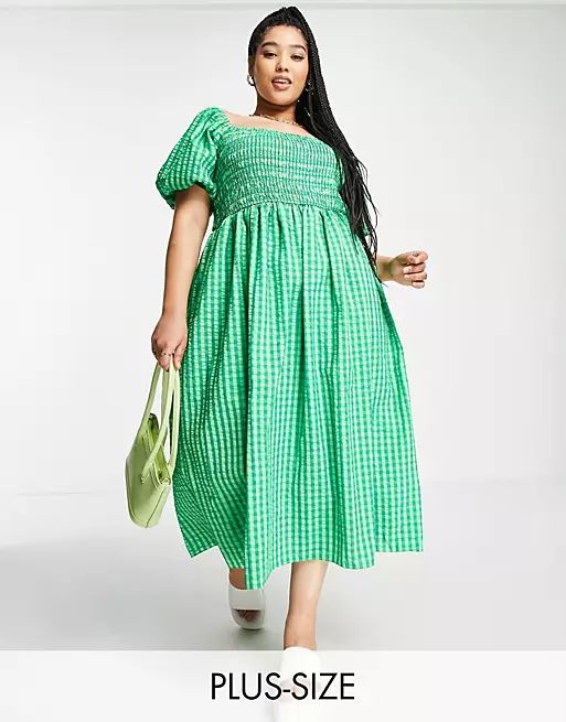 Never Fully Dressed Plus textured smock midi dress in green gingham | ASOS (Global)