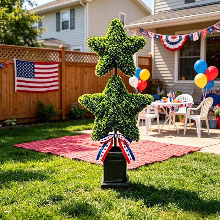 Patriotic Star Topiary Tree, Two Star Artificial Boxwood Topiary Tree, Indoor Outdoor Patriotic S... | Amazon (US)