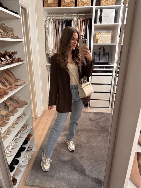 Loving this brown blazer! It fits oversized & is lightweight. I wear a size S in the blazer, a 26 in the jeans & and S in the bodysuit. Sneakers run TTS. // revolve, revolve outfit, Abercrombie jeans, bodysuit, jeans outfit, spring outfit, new balance sneakers
