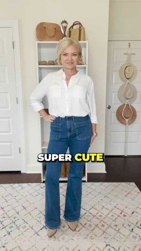 Wearing small shirt, 4 in flares and wide leg, 6 in straight and straight cropped. 

Jeans
Denim trends
Wide leg jeans
Flare jeans
Straight leg jeans
Boots
White shirt
Loafers
Ballet flats
Petite

#LTKSeasonal #LTKover40 #LTKstyletip