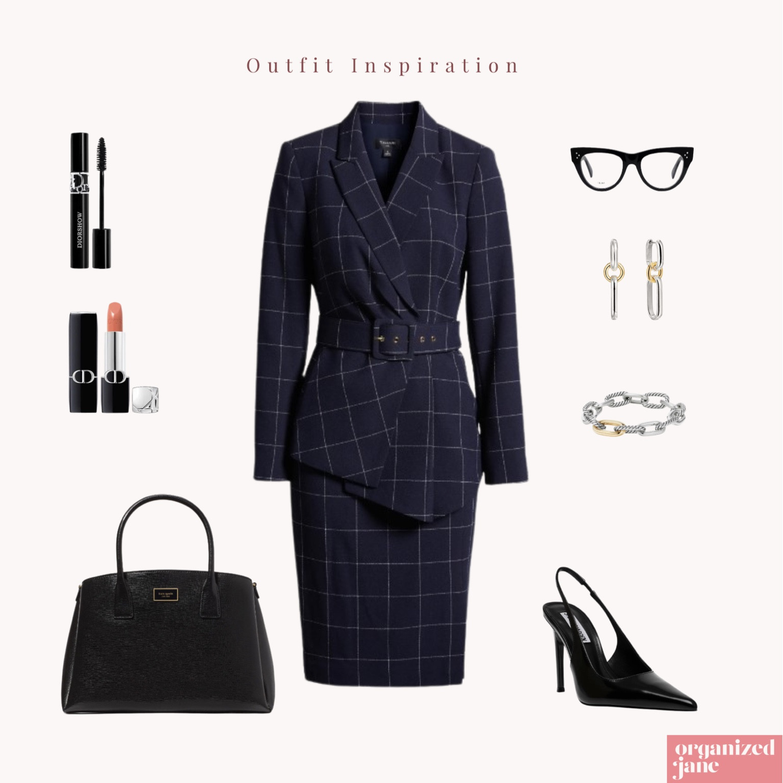 Own the room with this powerful plaid outfit! 💪 Sleek navy plaid and elegant black accessories make this look perfect for the confident modern boss. Pair with a crisp, fresh fragrance and a neutral lip for a sharp, commanding presence. ✨🖋️ #PowerLook #PlaidFashion #WorkwearInspiration #OrganizedJane