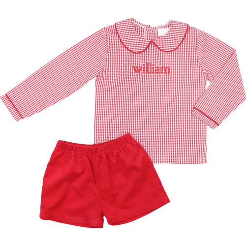 Red Corduroy And Gingham Short Set | Cecil and Lou