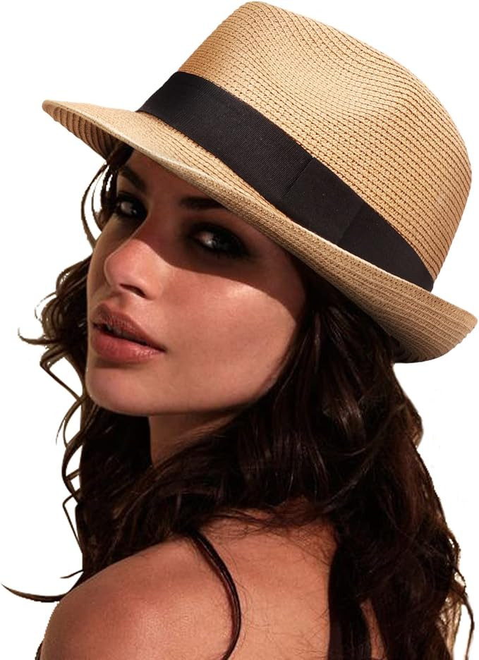 DRESHOW Women Straw Panama Hat Travel Fedora Beach Sun Hat Summer Wide Brim Straw Roll up Hat UPF... | Amazon (US)