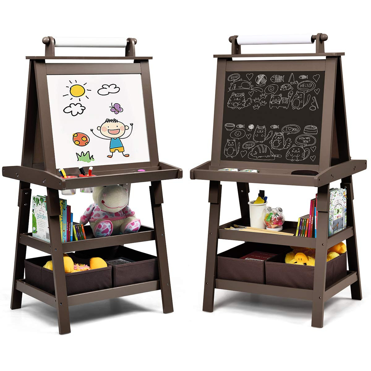 Costzon Kids Art Easel, 3 in 1 Double-Sided Wooden Easel w/Magnetic Whiteboard, Chalkboard & Paper Roll, 2-Tier Rack w/ 2 Storage Boxes, Standing Easel for Kids, Toddlers, Boys, Girls (Coffee) | Amazon (US)