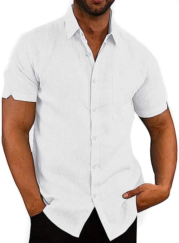 JEKAOYI Button Down Short Sleeve Linen Shirts for Men Summer Casual Cotton Spread Collar Beach Shirt | Amazon (US)