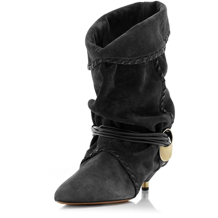 Womens Black Solid Slouchy Boots 2025 Ruched Mid Calf Kitten Heel Pointed Toe Pull On Boots | Amazon (US)