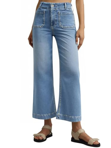 Tankaneo Wide Leg Jeans for Women Trendy High Waisted Flare Stretchy Jeans Cropped Baggy Denim Pants with Front Patch Pockets Blue | Amazon (US)