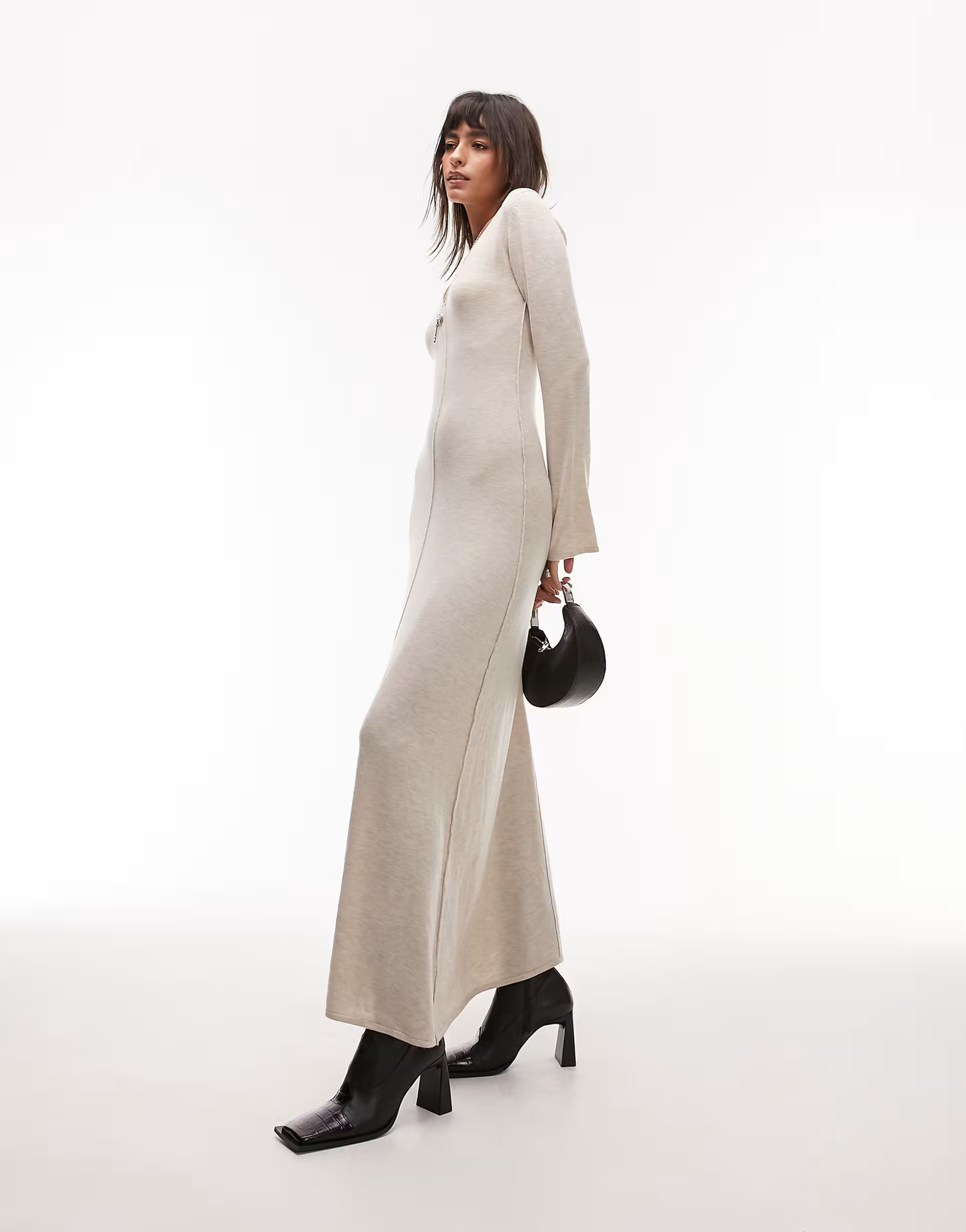 Topshop knitted v-neck flute sleeve maxi dress in stone | ASOS (Global)