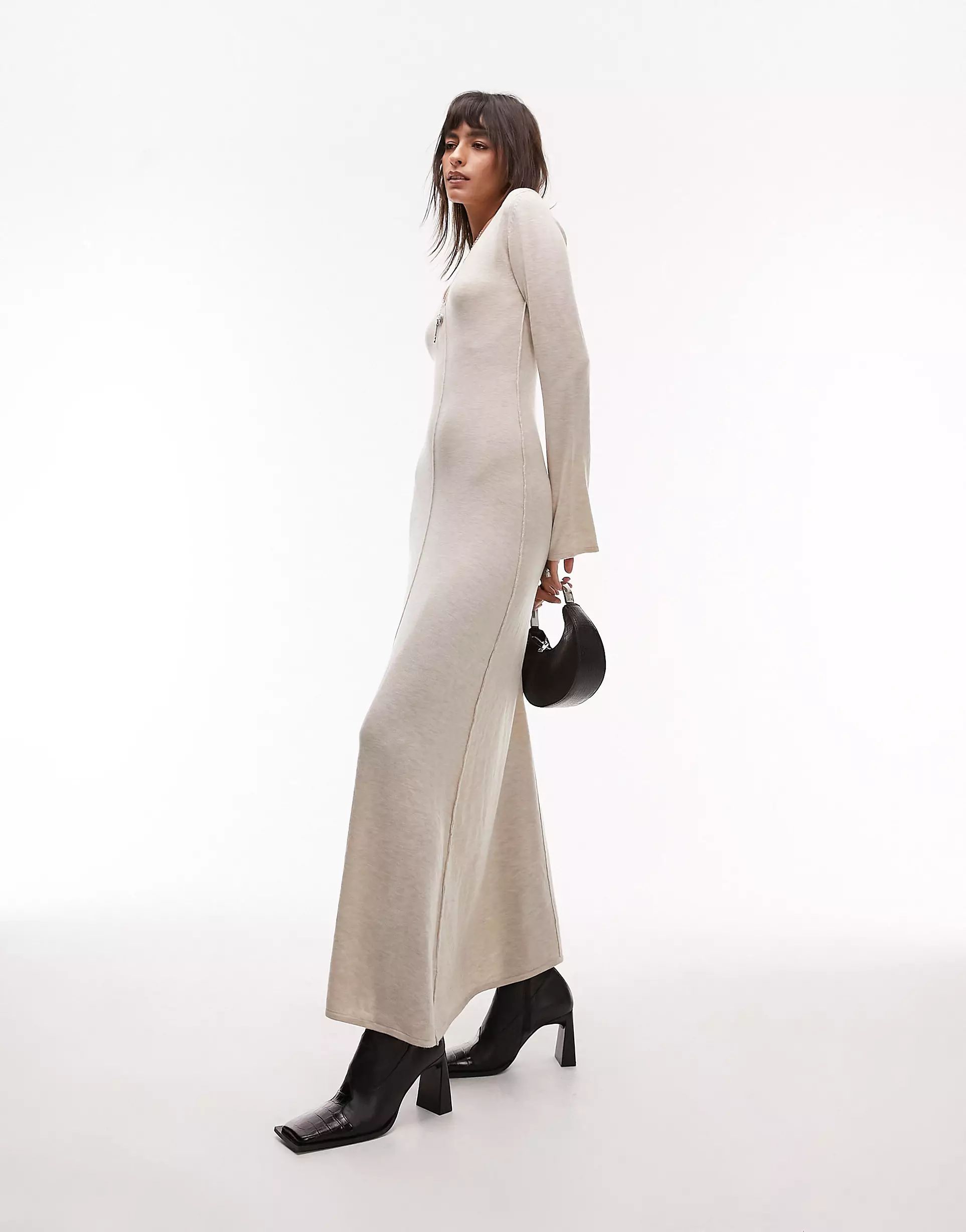 Topshop knitted v-neck flute sleeve maxi dress in stone | ASOS (Global)