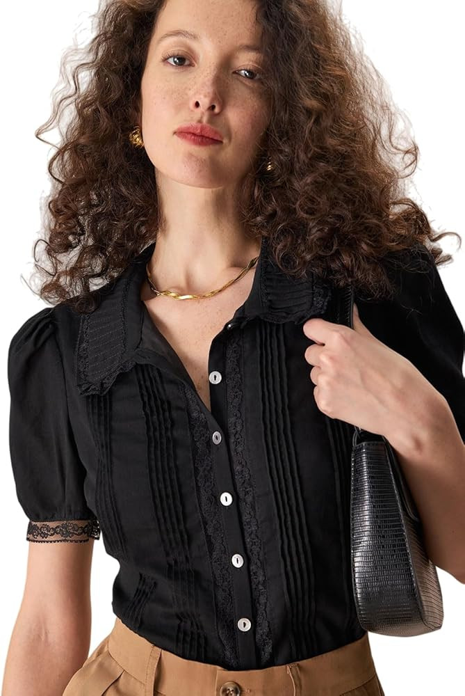 RIHOAS Women's Button Down Shirts Black Chelsea Collar Lace Trim Puff Short Sleeve Cotton Blouse ... | Amazon (US)