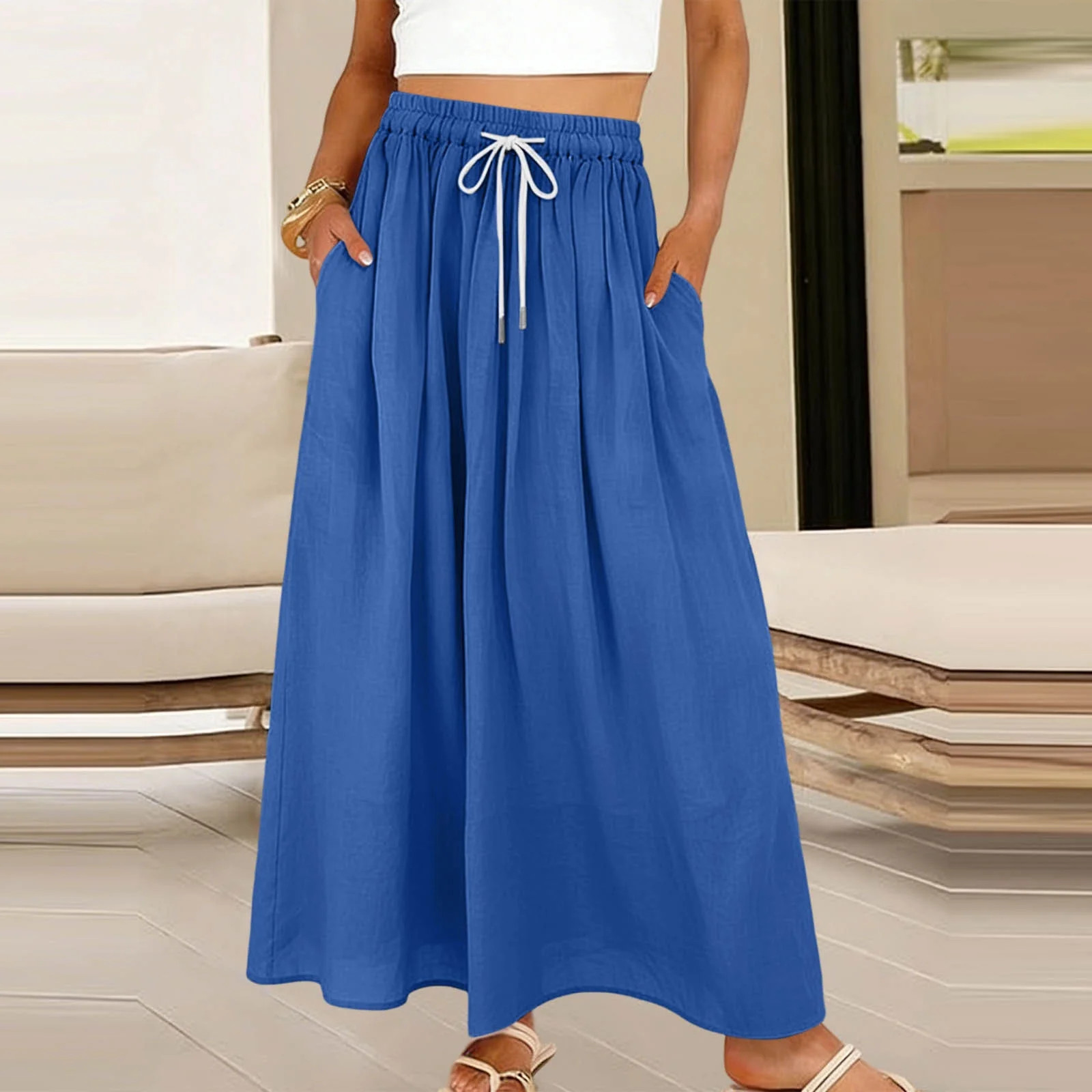 Sokhug Womens Cotton Blend Maxi Skirt High Waist Drawstring Elastic Waistband Flowy A Line Casual... | Walmart (US)