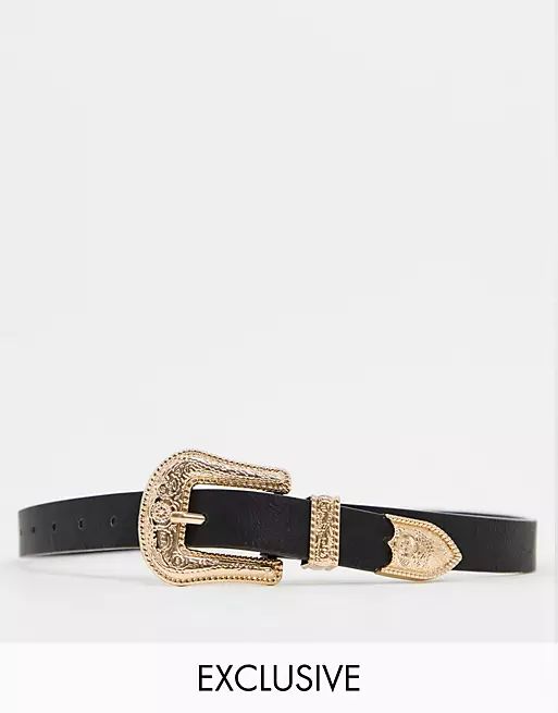 My Accessories London Exclusive waist and hip jeans belt with oversized gold western buckle waist... | ASOS (Global)