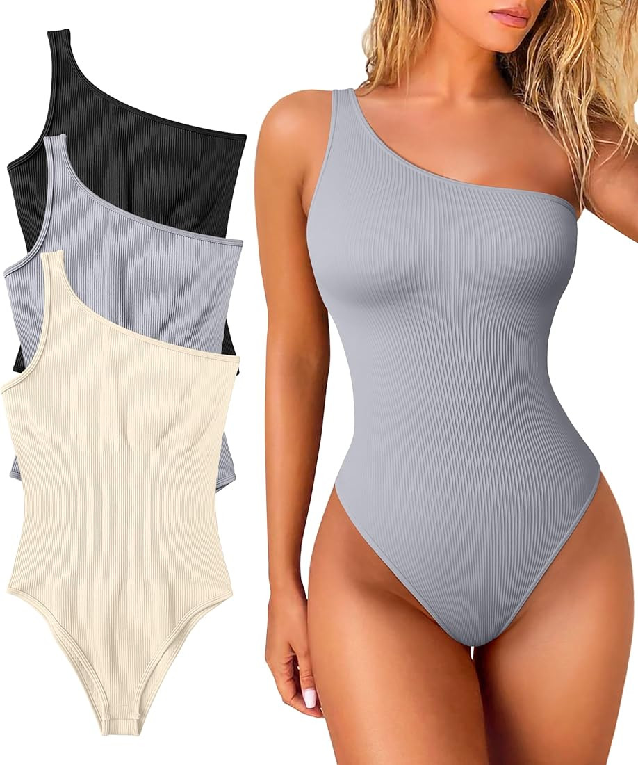 OQQ Women's 3 Piece Bodysuits Sexy Ribbed One Shoulder Sleeveless Exercise Bodysuits | Amazon (US)
