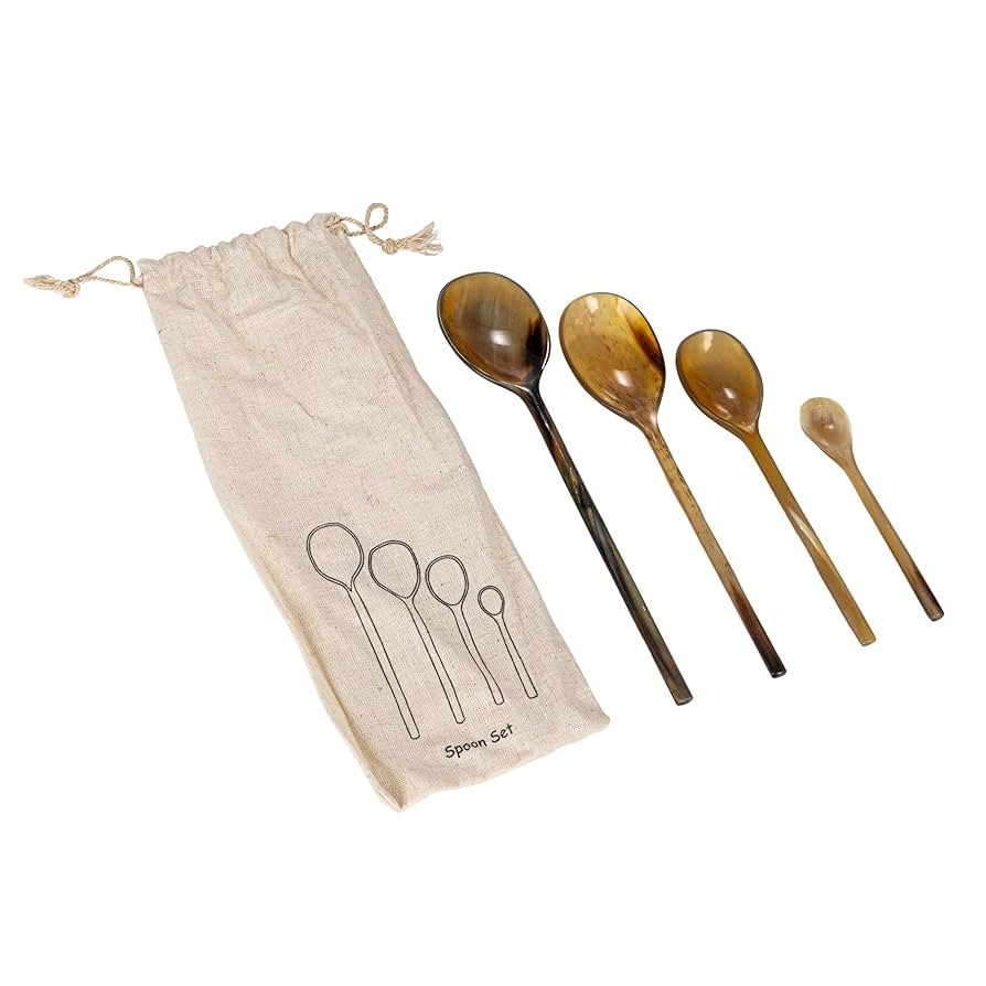 Creative Co-Op Horn Measuring Spoons on a Printed Drawstring Bag, Black, Set of 4 | Amazon (US)