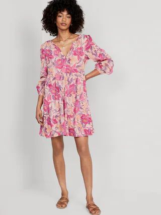 Puff-Sleeve Embroidered Tiered Mini Swing Dress for Women | Old Navy (US)