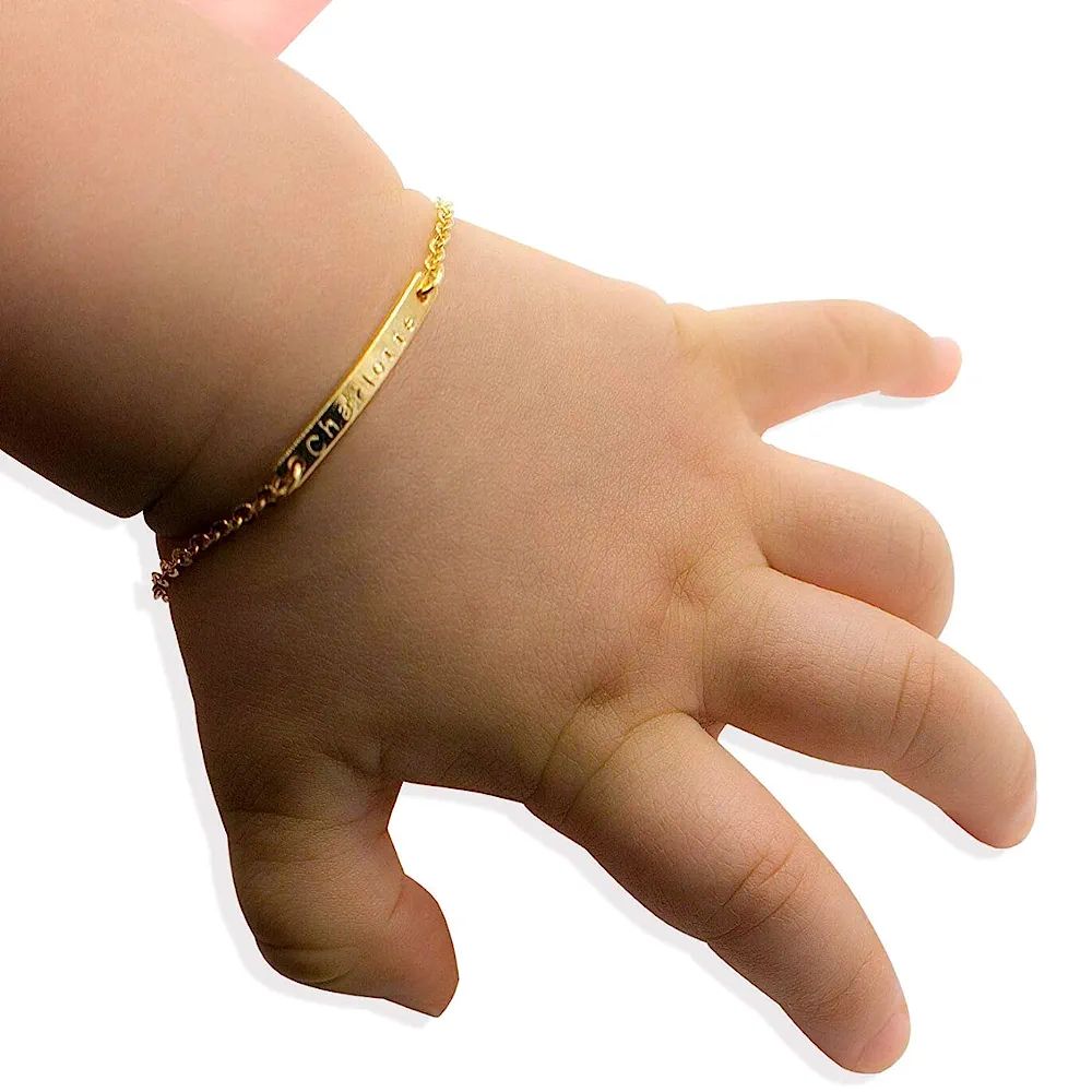 Baby Name Bar id Bracelet Baby Gift Personalized gift 16k Gold Plated Dainty Hand Stamp Your Baby... | Amazon (US)