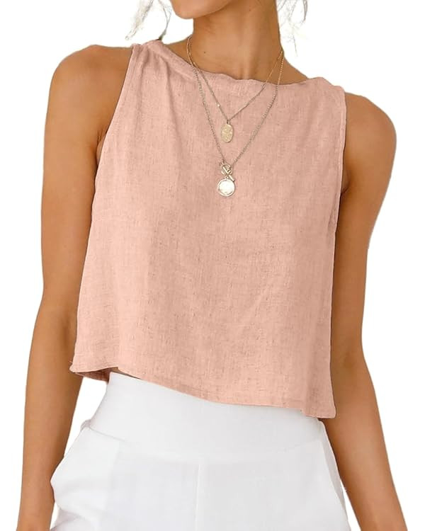 IDEALSANXUN Womens Linen Crop Tank Tops Cute Summer Sleeveless Cropped Cotton Linen Tops | Amazon (US)