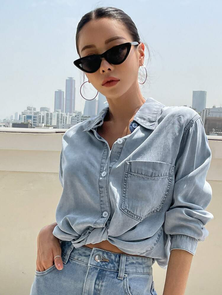 DAZY Pocket Patched Denim Blouse | SHEIN