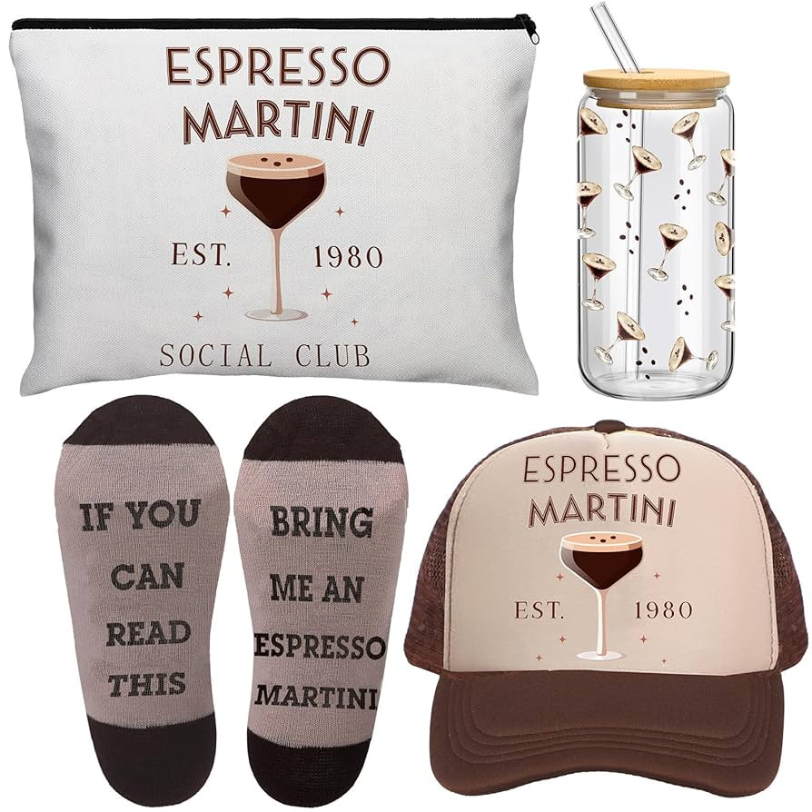 Boao 4 Pcs Espresso Martini Gift Sets with Glass Cup Socks Cosmetic Bag Hat Stuff Martini Birthda... | Amazon (US)