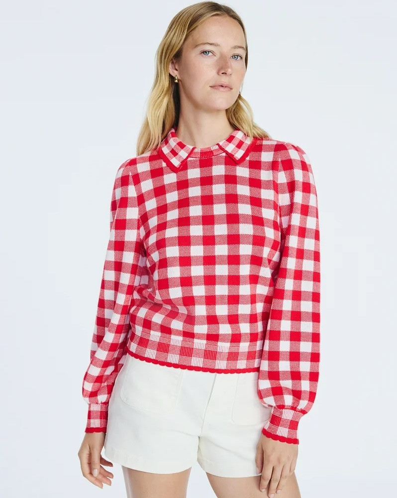 $24 gingham sweater restocked and selling fast! Also linked the matching skirt 