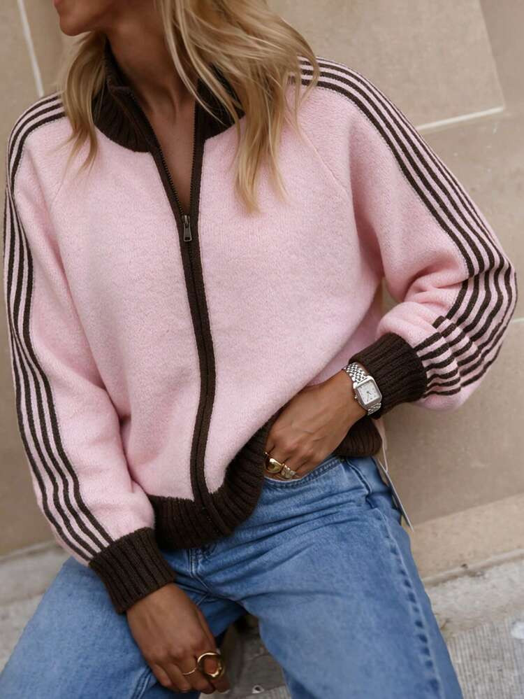 Women's Pink Rib-Knit Cardigan With Zipper And Side Stripe Long Sleeves, Stand Collar, Regular Le... | SHEIN