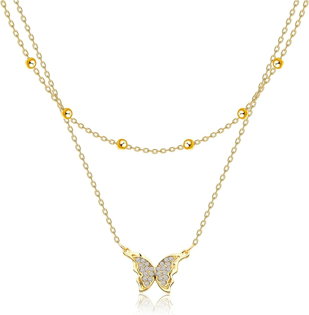 Anboly Butterfly Necklace,14K Gold Plated Layering Necklaces,Handmade Dainty Sparkly Diamond Neck... | Amazon (US)