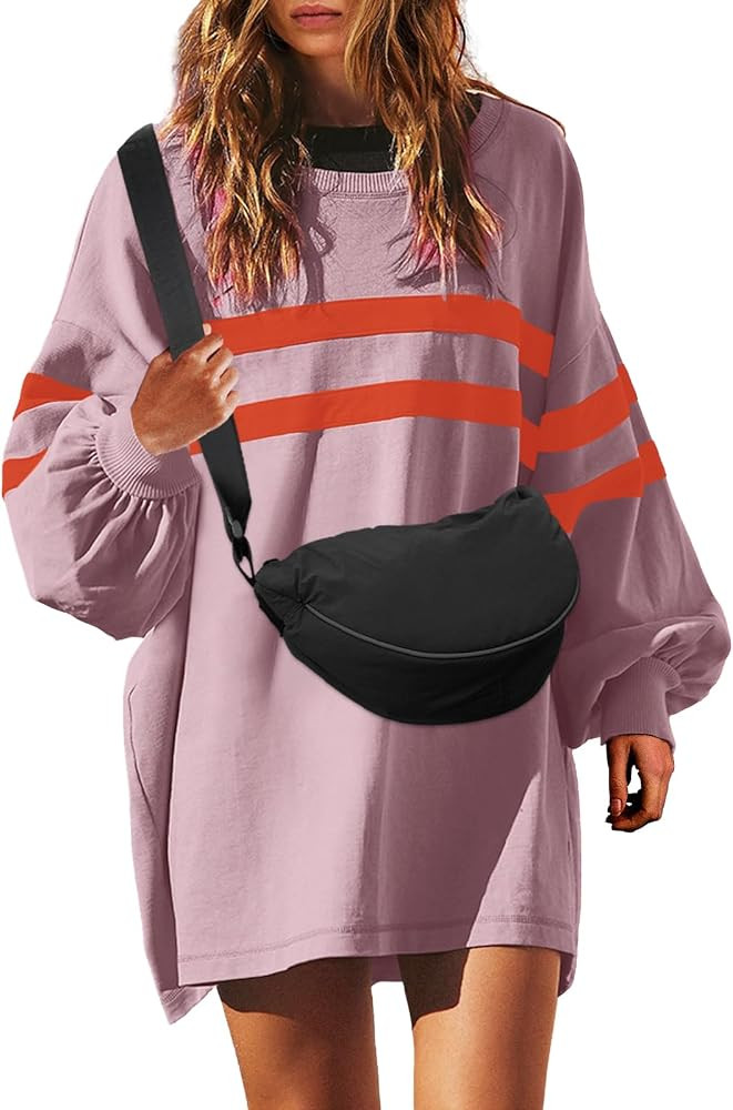 SENSERISE Womens Striped Crewneck Sweatshirts Oversized Lantern Sleeve Color Block Shirts Workout... | Amazon (US)