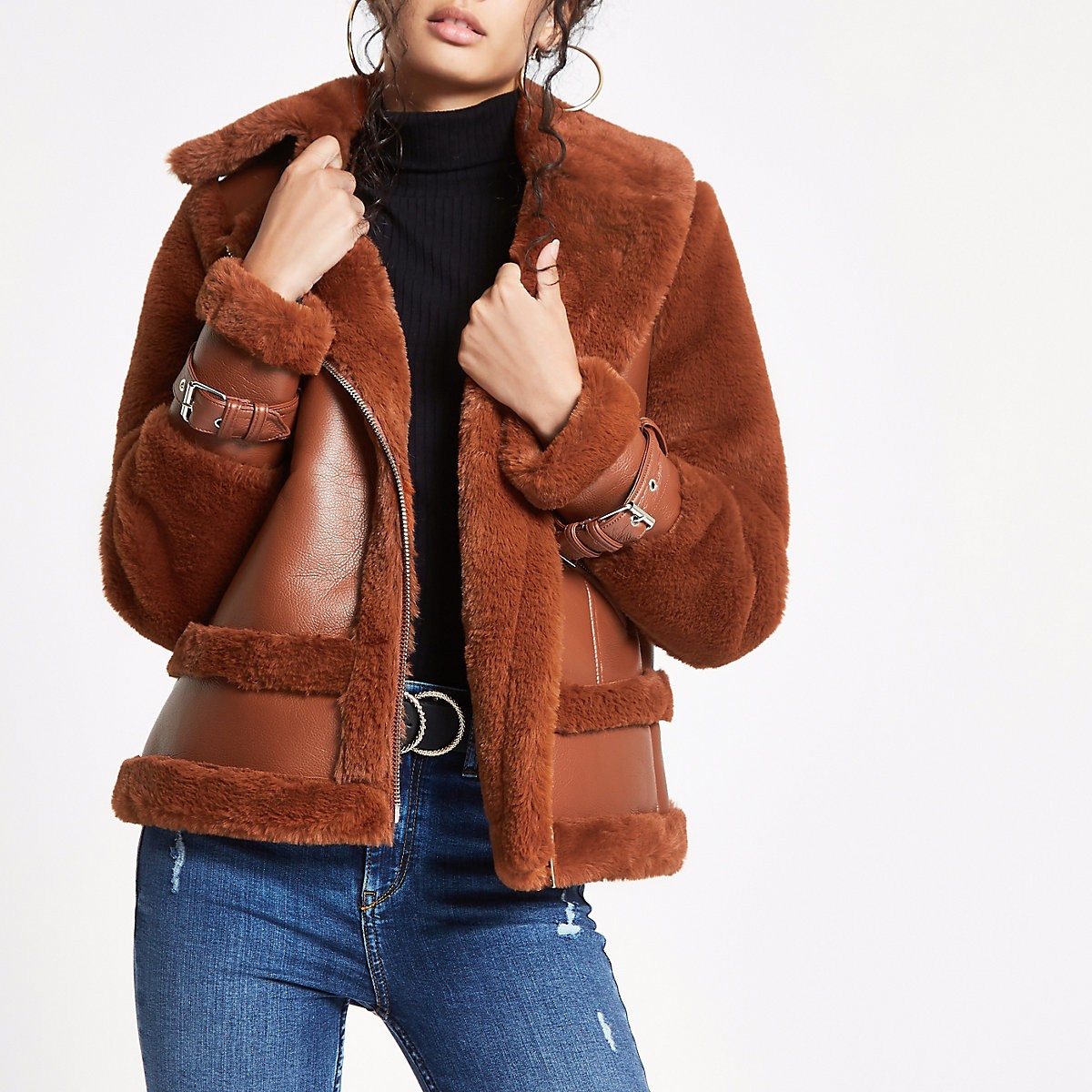 Brown faux fur aviator jacket | River Island (UK & IE)