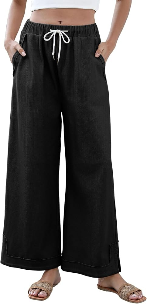 Springrain Womens Baggy Wide Leg Pants Casual Loose Cotton Drawstring Elastic Waisted Palazzo Pan... | Amazon (US)