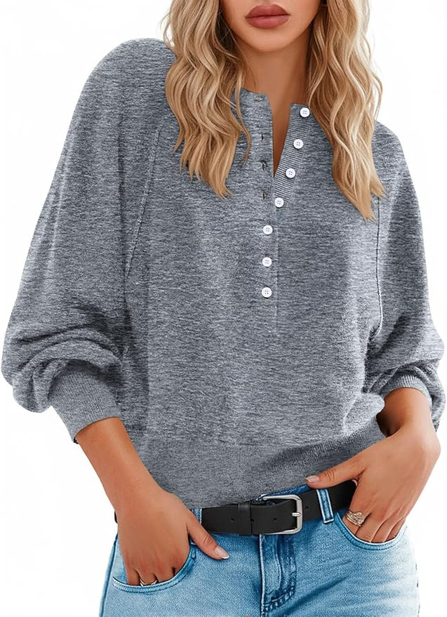 Henley Pullover Sweaters for Women Fall Button Long Sleeve Dressy Casual Loose Cozy Knit Tops Tre... | Amazon (US)