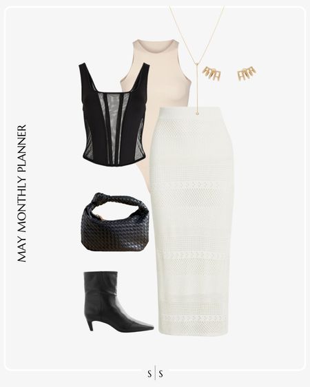 Monthly outfit planner: MAY: Spring looks | mesh corset top, crochet maxi skirt, ankle boot, high neck bodysuit 

Date night outfit

See the entire calendar on thesarahstories.com ✨ 


#LTKStyleTip
