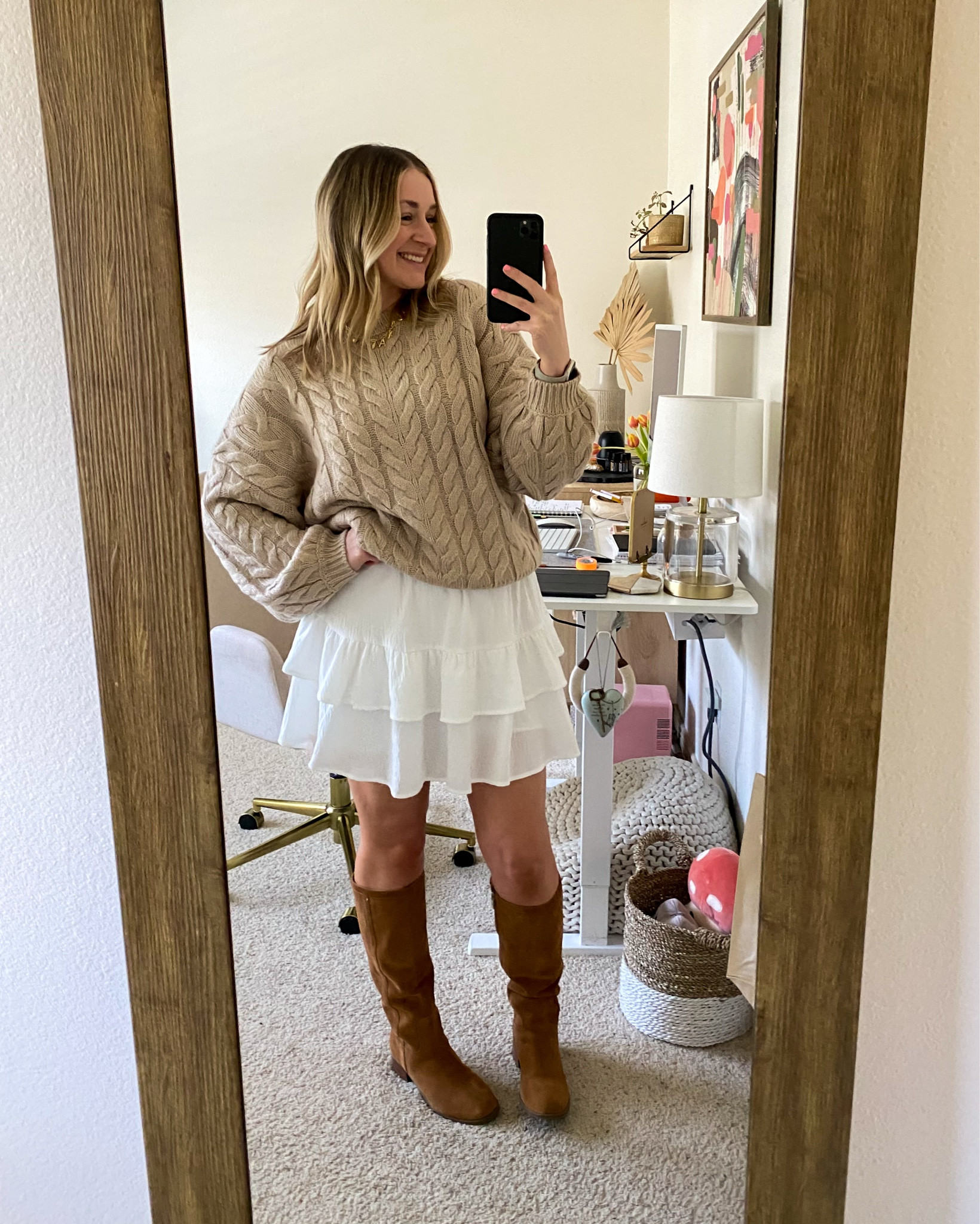 Perfect spring transition outfit from Amazon! 🌼🐝✨🫶🏼 The skirt has shorts underneath and I love it paired with this chunky sweater. The boots I’ve had for a few years but this would look SUPER cute with banana boots 🍌 I linked the pair I ordered & tried. Also linking the cutie charm necklace! 

#LTKFindsUnder50 #LTKStyleTip #LTKFindsUnder100
