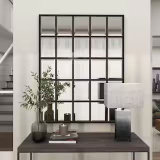 Litton Lane 44 in. x 56 in. Window Pane Inspired Rectangle Framed Brown Wall Mirror 53182 - The H... | The Home Depot