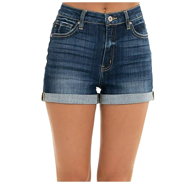 High Rise Jean Shorts for Women Casual Cuffed Denim Shorts Stretchy Folded Hem Straight Hot Short... | Walmart (US)