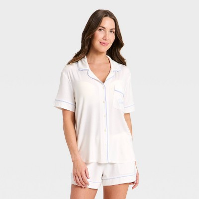 Women's Bridal Cloud Knit Modal Short Sleeve Notch Collar Top and Shorts Pajama Set - Auden™ Bride Embroidery Medium | Target
