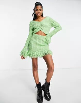 Miss Selfridge cable knit fringe mini skirt in green - part of a set | ASOS (Global)