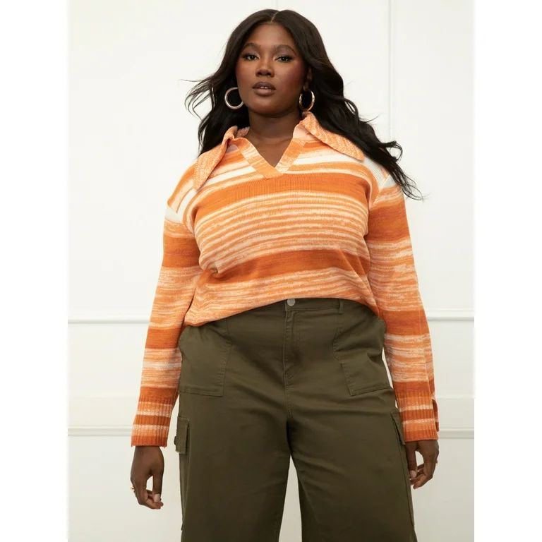 ELOQUII Elements Women's Plus Size Collared Stripe Sweater | Walmart (US)