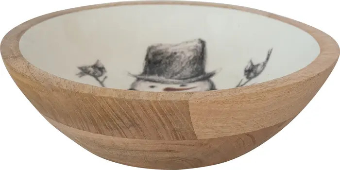 Enameled Mango Wood Bowl with Snowman and Bird Image, Red, Black and White | Nordstrom