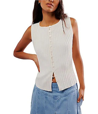 Free People Tilly Ribbed Knit Crew Neck Sleeveless Fitted Vest - M | Dillard's