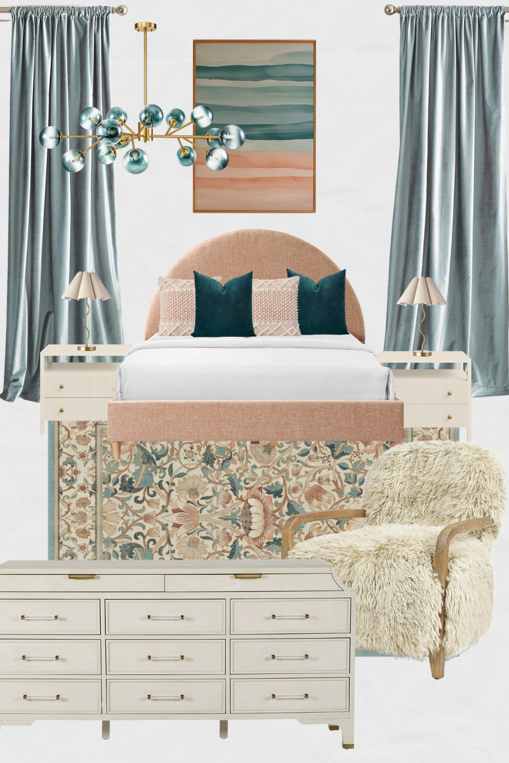 Teal & Peach Bedroom Moodboard, Eclectic Bedroom Design Ideas, Glam Bedroom Decor, Modern Glam Bedroom Design, Glam Dresser, Glam Fur Accent Chair

#homedecor #bedroomoodboard #bedroomdesign #glambedroom #eclecticbedroom #tealandpeachbedroom #glam #modernglam 

 #LTKHome #LTKSaleAlert