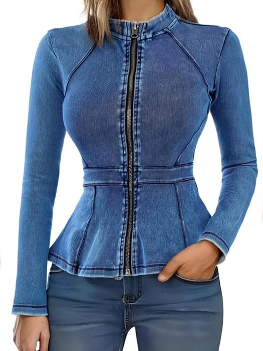 Casual Denim Peplum Jacket for Women Long Sleeve Zip Front Athletic Workout Ruffle Blazer Coats | Amazon (US)